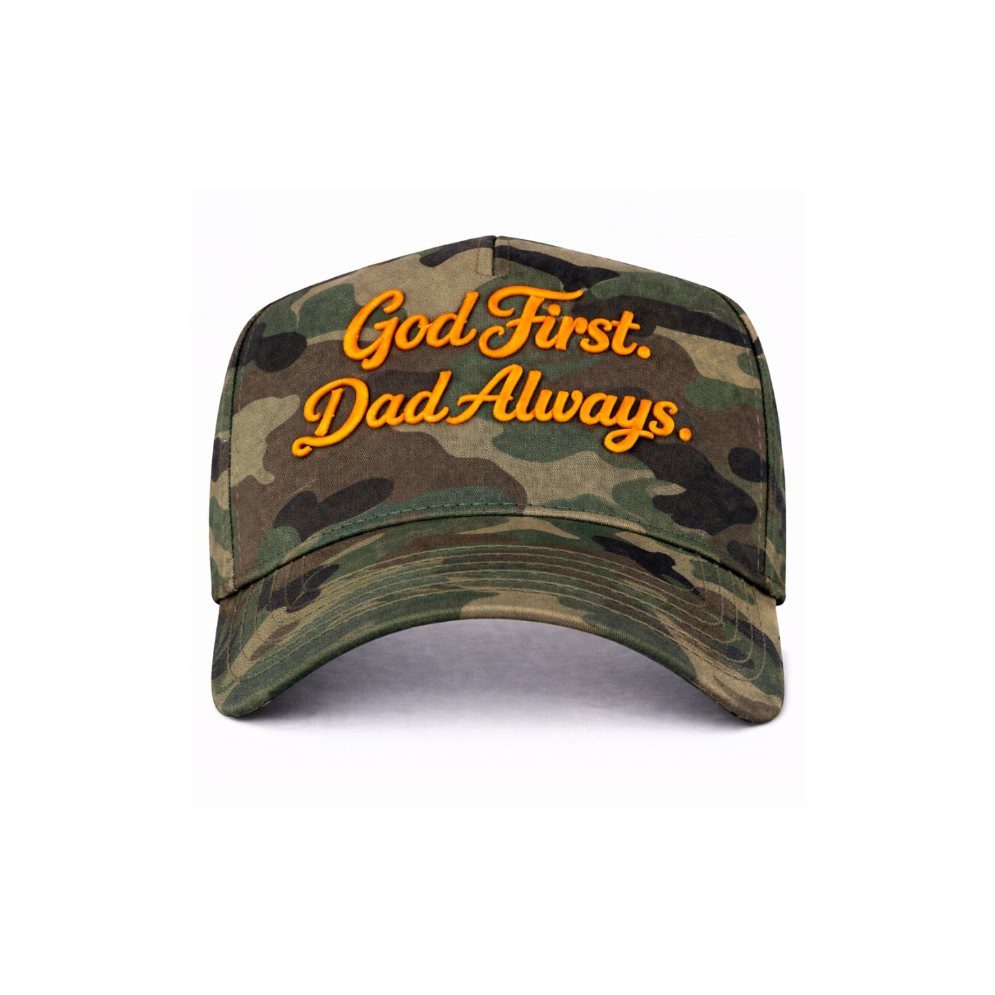 Camo/Orange God First Dad Always Snapback Hat