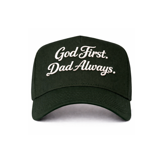 Dark Green God First Dad Always Snapback Hat