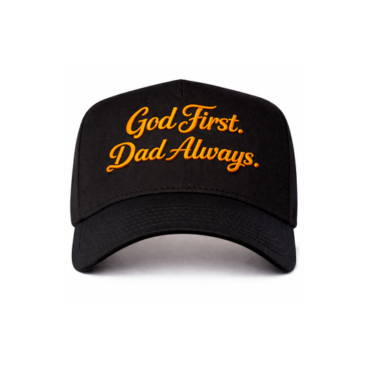 Gold Black God First Dad Always Snapback Hat