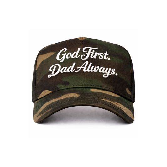 Camo God First Dad Always Snapback Hat