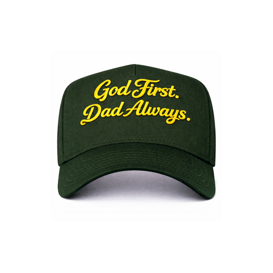 Dark Green/Gold God First Dad Always Snapback Hat