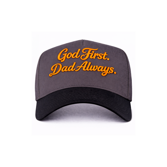 Gray/Black/Orange God First Dad Always Snapback Hat