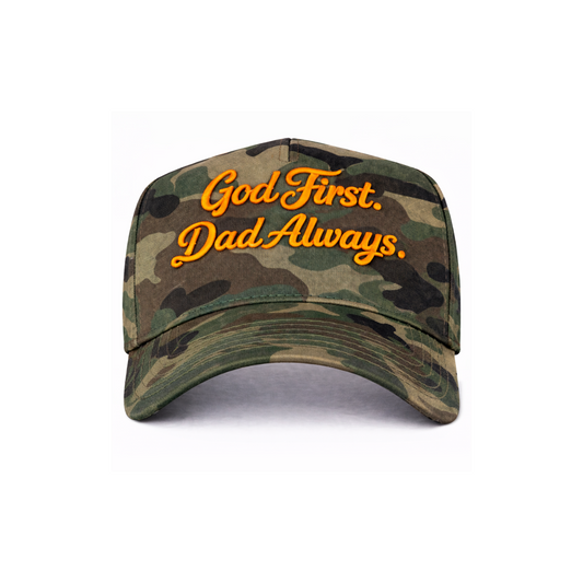Camo/Orange God First Dad Always Snapback Hat